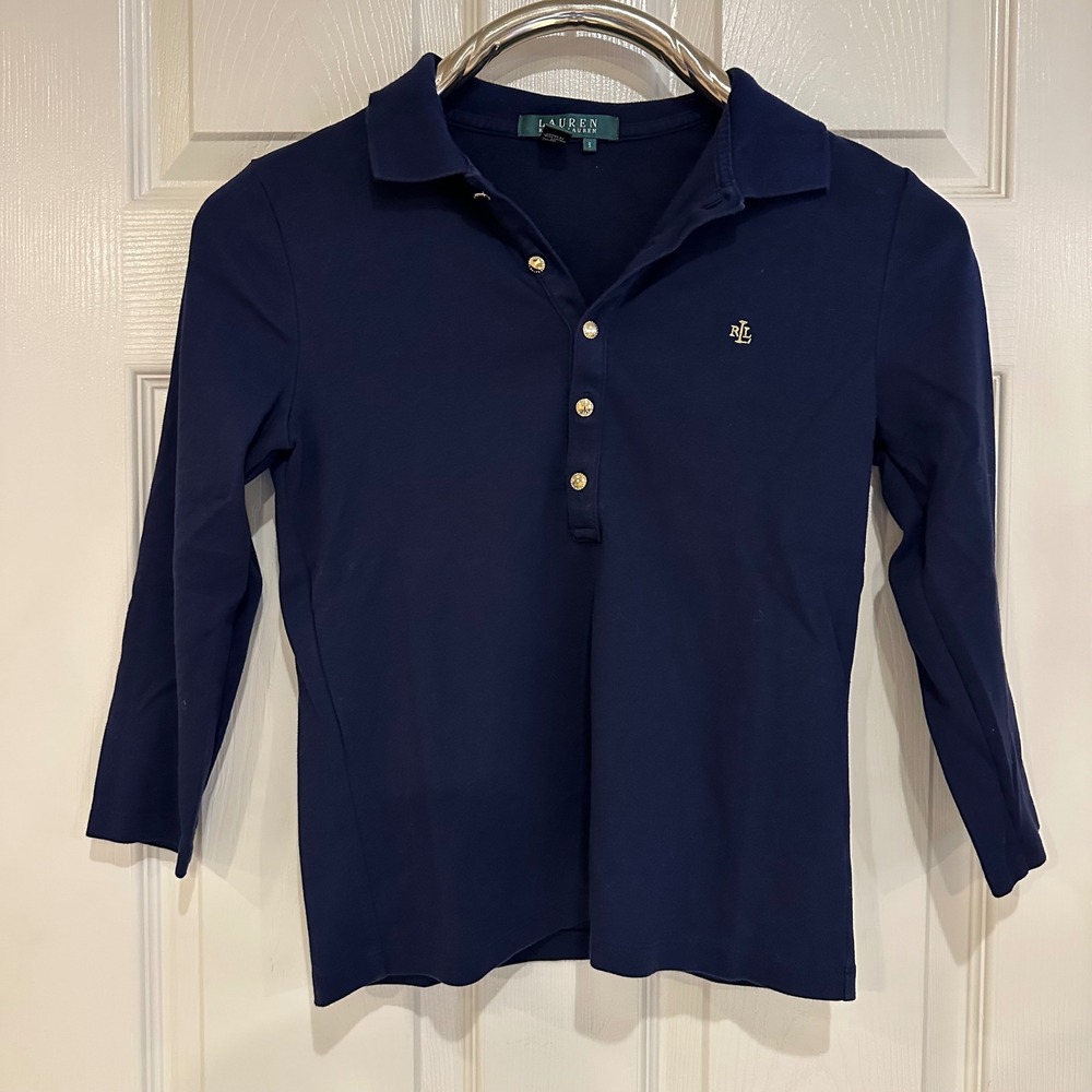 Lauren Ralph Lauren Navy Blue 3/4 Sleeve Polo Shirt Gold Buttons Small